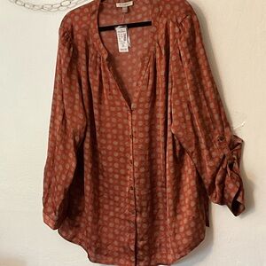 dressbarn Rust-Tone Printed Button-Down Blouse